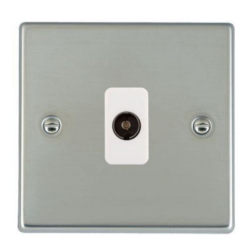 73TVW - Hamilton Bright Stainless 1 Gang TV Socket, White Inserts, 25mm Depth, Slim Plate