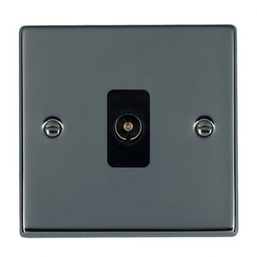 78TVB - Hamilton Black Nickel 1 Gang TV Socket, 1 In/1 Out, 25mm Depth, Slim Plate, Screwed, Black Inserts