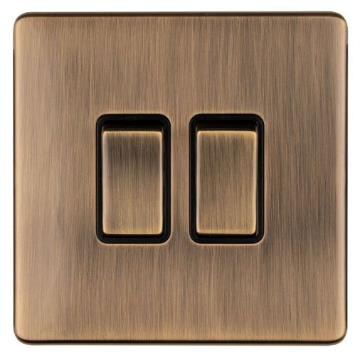 Antique Brass Double Light Switch, Black Inserts and Matching Switches | 2 Way, 10A | Concealed 3mm range by Eurolite - AB2SWB