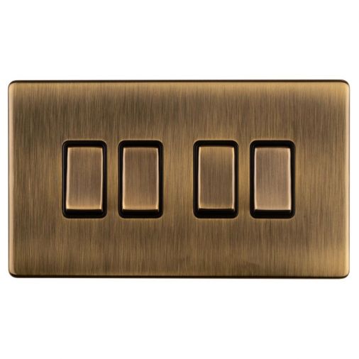 Antique Brass 4 Gang Light Switch, Black Inserts and Matching Switches | 2 Way, 10A | Concealed 3mm range by Eurolite - AB4SWB