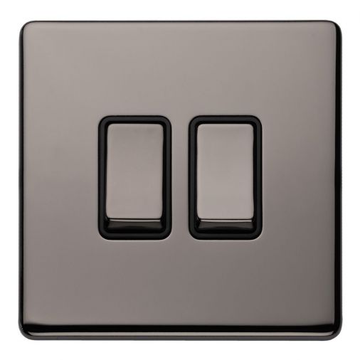 Black Nickel Double Light Switch, Black Inserts and Matching Switches | 2 Way, 10A | Concealed 3mm range by Eurolite - ECBN2SWB