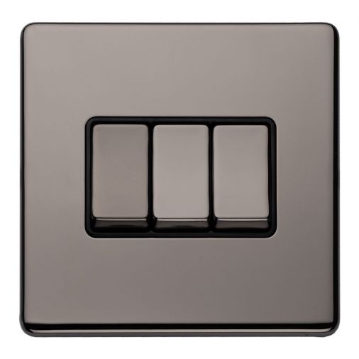 Black Nickel Triple Light Switch, Black Inserts and Matching Switches | 2 Way, 10A | Concealed 3mm range by Eurolite - ECBN3SWB