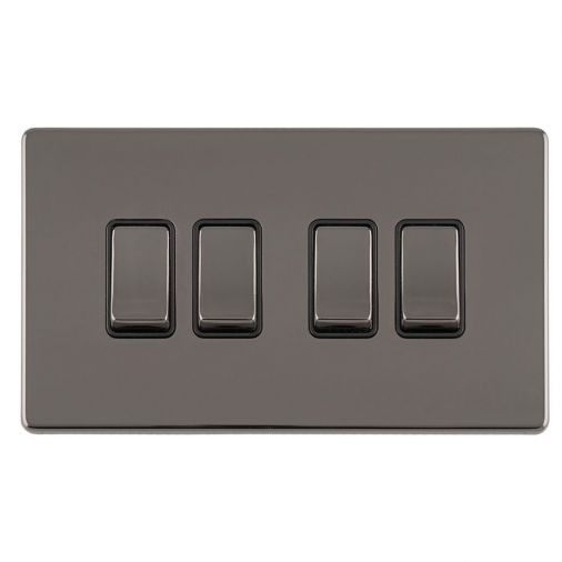 Black Nickel 4 Gang Light Switch, Black Inserts and Matching Switches | 2 Way, 10A | Concealed 3mm range by Eurolite - ECBN4SWB