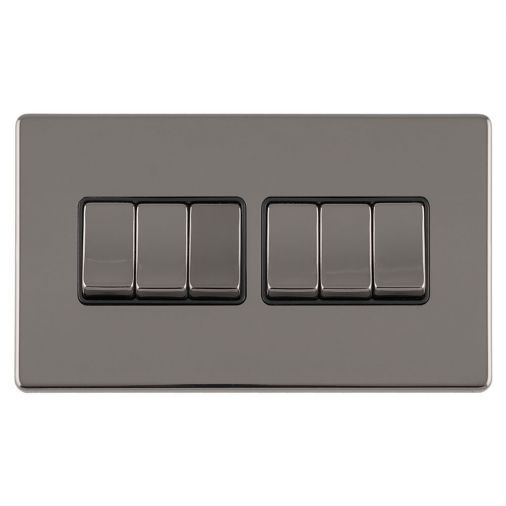 Black Nickel 6 Gang Light Switch, Black Inserts and Matching Switches | 2 Way, 10A | Concealed 3mm range by Eurolite - ECBN6SWB