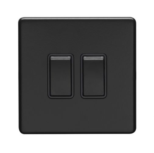 Matt Black Double Light Switch, Black Inserts | 2 Way, 10A | Concealed 3mm range by Eurolite - ECMB2SWB