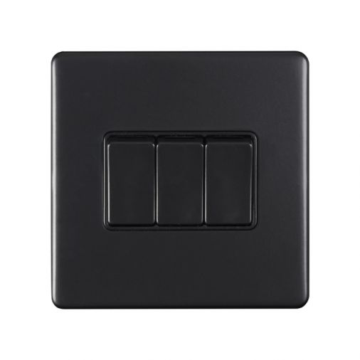 Matt Black Triple Light Switch, Black Inserts | 2 Way, 10A | Concealed 3mm range by Eurolite - ECMB3SWB