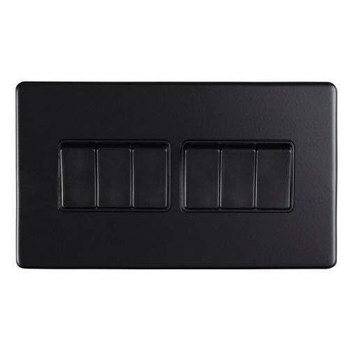 Matt Black 6 Gang Light Switch, Black Inserts | 2 Way, 10A | Concealed 3mm range by Eurolite - ECMB6SWB