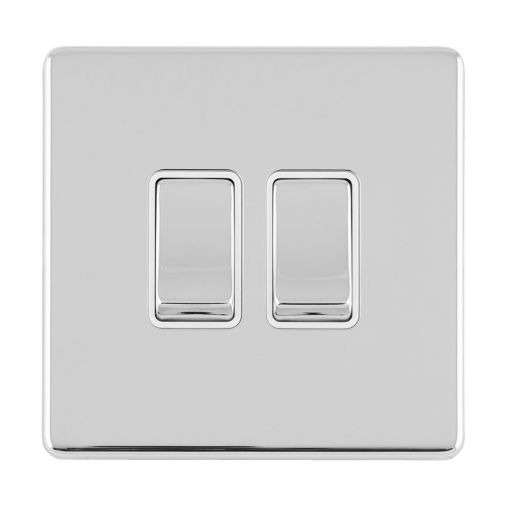 Polished Silver Double Light Switch with Matching Switches, White Inserts | 2 Way, 10A | Concealed 3mm range by Eurolite - ECPC2SWW