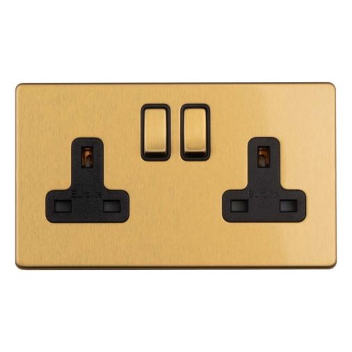 Satin Brass Double Socket, Black Inserts | 13A | Concealed 3mm range by Eurolite - ECSB2SOB