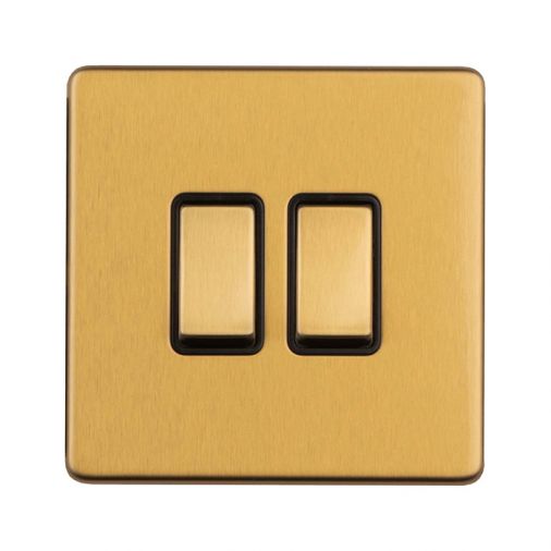 Satin Brass Double Light Switch, Black Inserts and Matching Switches | 2 Way, 10A | Concealed 3mm range by Eurolite - ECSB2SWB