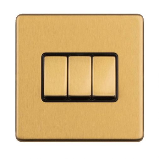 Satin Brass Triple Light Switch, Black Inserts and Matching Switches | 2 Way, 10A | Concealed 3mm range by Eurolite - ECSB3SWB