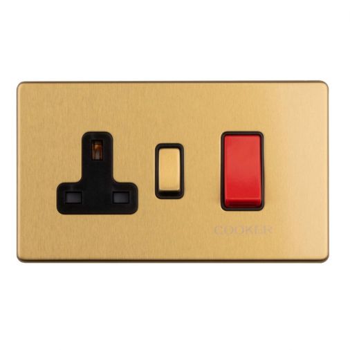 Eurolite 45Amp DP Cooker Switch With 13Amp Socket Flat Concealed Satin Brass Plate Red Rockers - ECSB45ASWASB