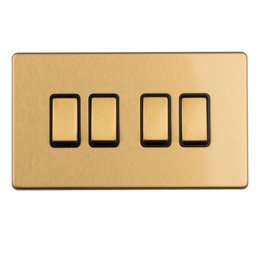 Satin Brass 4 Gang Light Switch with Matching Switches, Black Inserts | 2 Way, 10A | Concealed 3mm range by Eurolite - ECSB4SWB