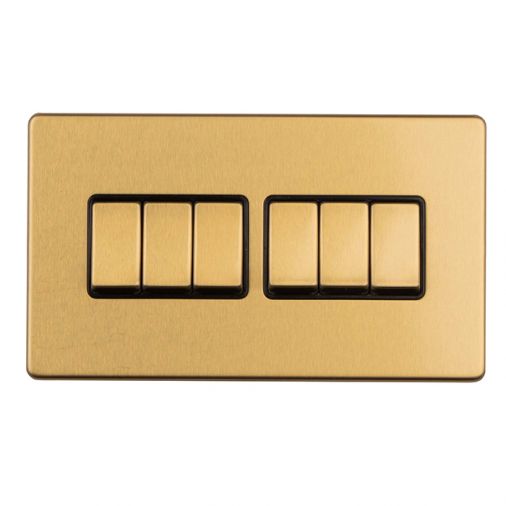 Satin Brass 6 Gang Light Switch, Black Inserts and Matching Switches | 2 Way, 10A | Concealed 3mm range by Eurolite - ECSB6SWB