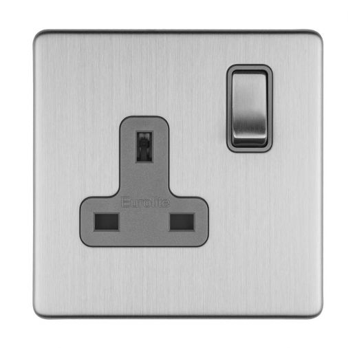 Brushed Steel Single Socket, Grey Inserts | 13A | Concealed 3mm range by Eurolite - ECSS1SOG