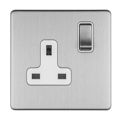 Brushed Steel Single Socket, White Inserts | 13A | Concealed 3mm range by Eurolite - ECSS1SOW