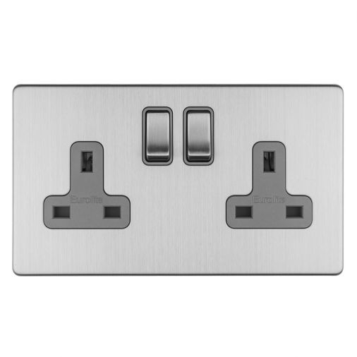 Brushed Steel Double Socket, Grey Inserts | 13A | Concealed 3mm range by Eurolite - ECSS2SOG