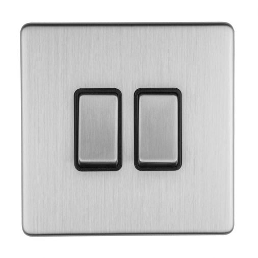 Brushed Steel Double Light Switch, Black Inserts | 2 Way, 10A | Concealed 3mm range by Eurolite - ECSS2SWB