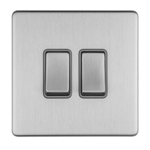 Brushed Steel Double Light Switch, Grey Inserts | 2 Way, 10A | Concealed 3mm range by Eurolite - ECSS2SWG