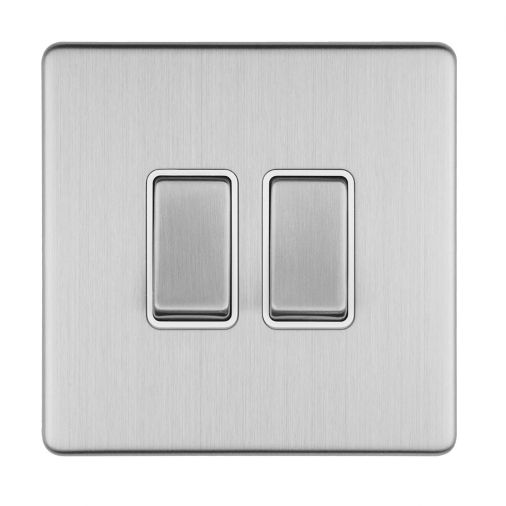 Brushed Steel Double Light Switch, White Inserts | 2 Way, 10A | Concealed 3mm range by Eurolite - ECSS2SWW