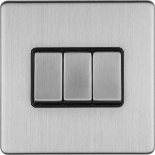 Brushed Steel Triple Light Switch, Black Inserts | 2 Way, 10A | Concealed 3mm range by Eurolite - ECSS3SWB