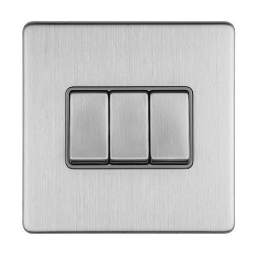 Brushed Steel Triple Light Switch, Grey Inserts | 2 Way, 10A | Concealed 3mm range by Eurolite - ECSS3SWG