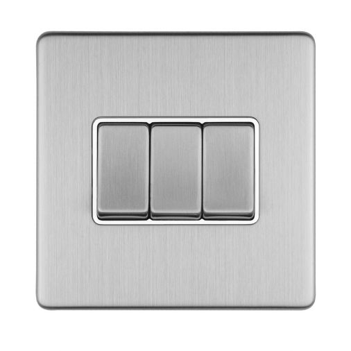 Brushed Steel Triple Light Switch, White Inserts | 2 Way, 10A | Concealed 3mm range by Eurolite - ECSS3SWW