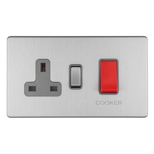 Eurolite 45Amp DP Cooker Switch With 13Amp Socket Flat Concealed Satin Stainless Plate Matching Rocker Grey Trim - ECSS45ASWASG