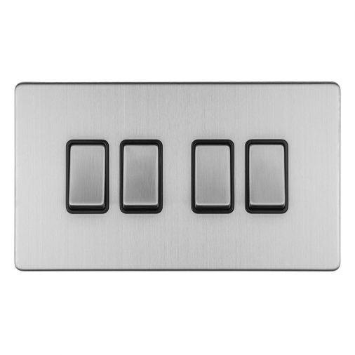 Brushed Steel 4 Gang Light Switch, Black Inserts | 2 Way, 10A | Concealed 3mm range by Eurolite - ECSS4SWB