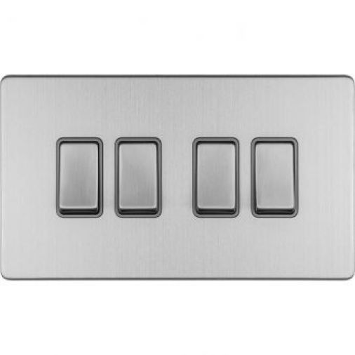 Brushed Steel 4 Gang Light Switch, Grey Inserts | 2 Way, 10A | Concealed 3mm range by Eurolite - ECSS4SWG