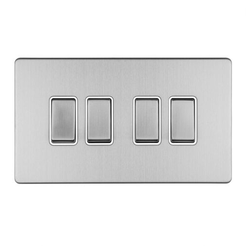 Brushed Steel 4 Gang Light Switch, White Inserts | 2 Way, 10A | Concealed 3mm range by Eurolite - ECSS4SWW