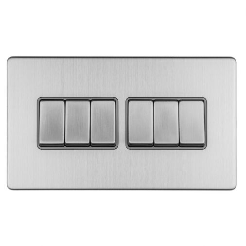 Brushed Steel 6 Gang Light Switch, Grey Inserts | 2 Way, 10A | Concealed 3mm range by Eurolite - ECSS6SWG