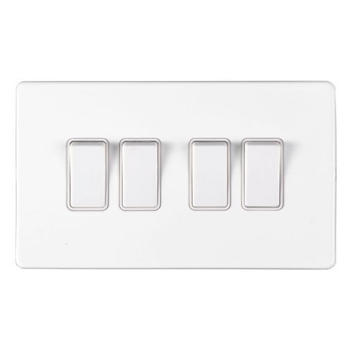 White 4 Gang Light Switch, Matching Inserts and Switches | 2 Way, 10A | Concealed 3mm range by Eurolite - ECW4SWW