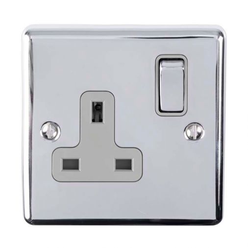 Polished Silver Single Socket, Grey Inserts | 13A | Enhance Decorative range by Eurolite - EN1SOPCG