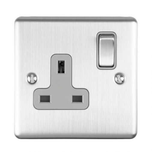 Brushed Steel Single Socket, Grey Inserts | 13A | Enhance Decorative range by Eurolite - EN1SOSSG