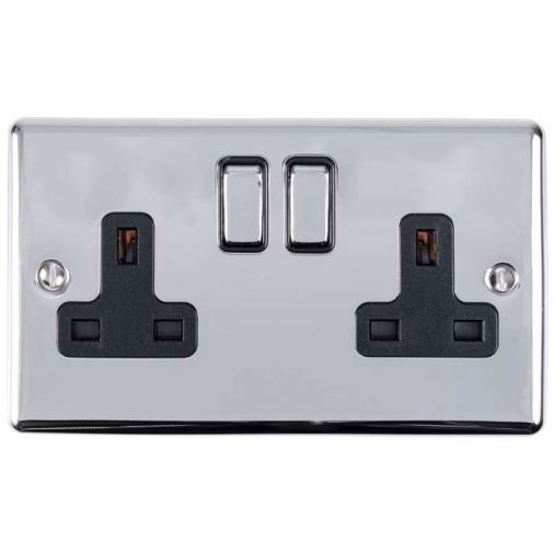 Eurolite 2 Gang 13Amp DP Switched Socket Polished Chrome Enhance Range Black Trim - EN2SOPCB