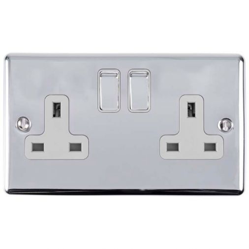 Eurolite 2 Gang 13Amp DP Switched Socket Polished Chrome Enhance Range White Trim - EN2SOPCW