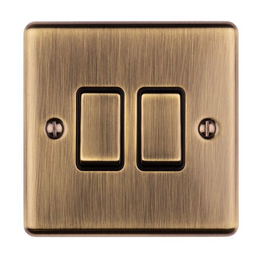 Antique Brass Double Light Switch, Black Inserts and Matching Switches | 2 Way, 10A | Enhance Decorative range by Eurolite - EN2SWABB