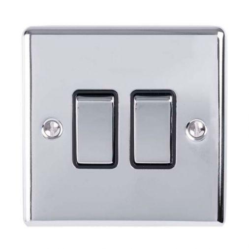 Polished Silver Double Light Switch, Black Inserts and Matching Switches | 2 Way, 10A | Enhance Decorative range by Eurolite - EN2SWPCB