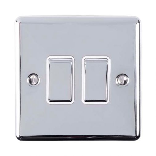 Polished Silver Double Light Switch, White Inserts and Matching Switches | 2 Way, 10A | Enhance Decorative range by Eurolite - EN2SWPCW