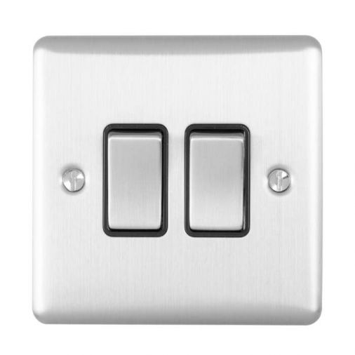 Brushed Steel Double Light Switch, Black Inserts | 2 Way, 10A | Enhance Decorative range by Eurolite - EN2SWSSB