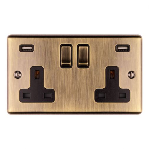 Eurolite 2 Gang 13Amp Switched Socket With Comb 3.1 Amp Usb Outlets Antique Brass Enhance Range Black Trim - EN2USBABB