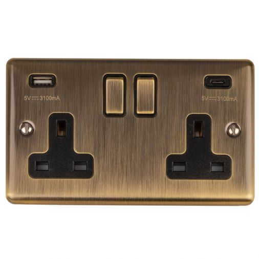 Eurolite 2 Gang 13Amp Switched Socket W/ 3.1Amp Usb Outlets (1Xtypea 1Xtypec) Antique Brass Enhance Range Black Trim - EN2USBCABB