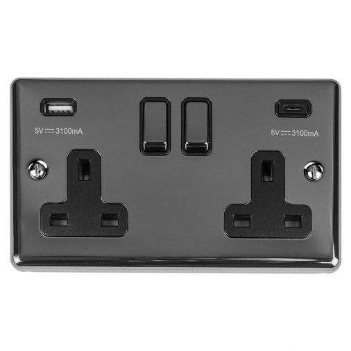 Eurolite 2 Gang 13Amp Switched Socket W/ 3.1Amp Usb Outlets (1Xtypea 1Xtypec) Black Nickel Enhance Range Black Trim - EN2USBCBNB