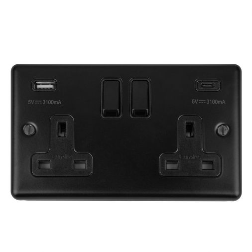 Eurolite 2 Gang 13Amp Switched Socket W/ 3.1Amp Usb Outlets (1Xtypea 1Xtypec) Matt Black Enhance Range Black Trim - EN2USBCMBB