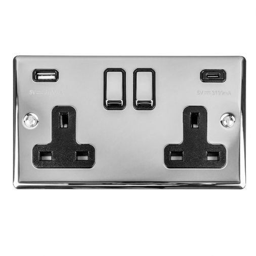 Eurolite 2 Gang 13Amp Switched Socket W/ 3.1Amp Usb Outlets (1Xtypea 1Xtypec) Polished Chrome Enhance Range Black Trim - EN2USBCPCB