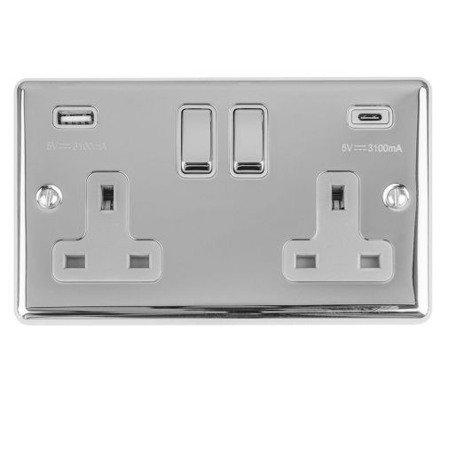 Eurolite 2 Gang 13Amp Switched Socket W/ 3.1Amp Usb Outlets (1Xtypea 1Xtypec) Polished Chrome Enhance Range Grey Trim - EN2USBCPCG