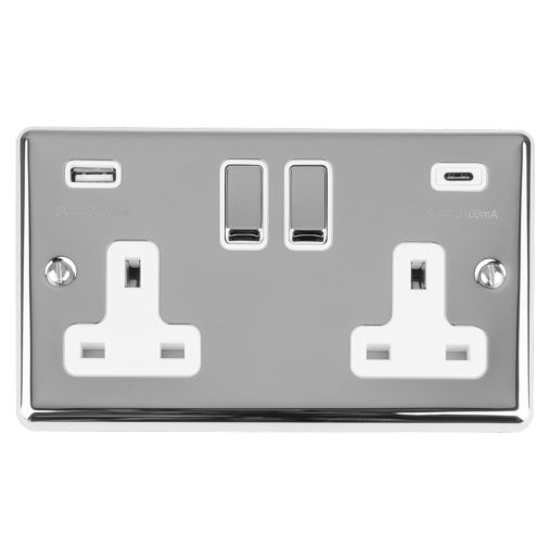 Eurolite 2 Gang 13Amp Switched Socket W/ 3.1Amp Usb Outlets (1Xtypea 1Xtypec) Polished Chrome Enhance Range White Trim - EN2USBCPCW