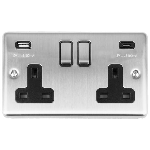 Eurolite 2 Gang 13Amp Switched Socket W/ 3.1Amp Usb Outlets (1Xtypea 1Xtypec) Satin Enhance Range Black Trim - EN2USBCSSB