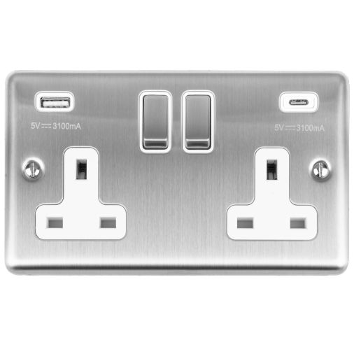 Eurolite 2 Gang 13Amp Switched Socket W/ 3.1Amp Usb Outlets (1Xtypea 1Xtypec) Satin Enhance Range White Trim - EN2USBCSSW